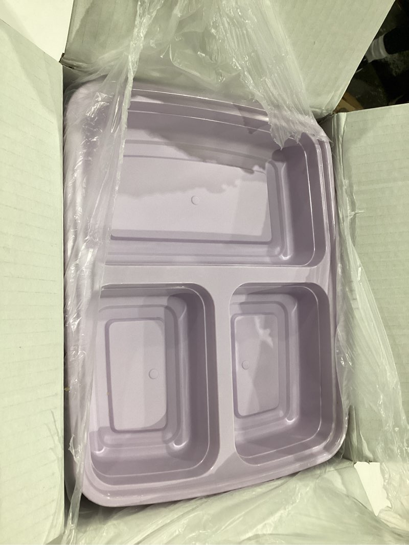 Condition photo showing New/Like New for 50 Pack (100-Piece) 32 oz Meal Prep Containers Reusable with Lids 3-Compartment, To Go Take Out Plastic Food Storage Containers, Sturdy Leakproof Food Safe, Microwave Freezer Dishwasher Safe, Lilac