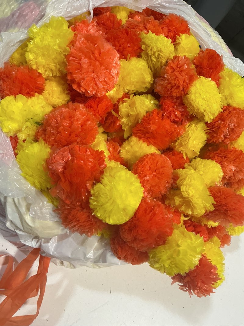 Condition photo showing Good Condition for 5 pc - 5 feet marigold garland |indian/american wedding party mantle decoration, faux garlands wedding garland, diwali decoration, spring bush floral! (mango & yellow mix) yellow and orange mix