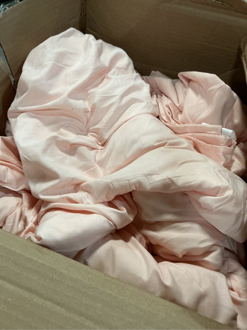 Condition photo showing As Is for himeet pintuck bed in a bag, 7 pieces full size comforter set blush pink, pinch pleat bed in a bag, 