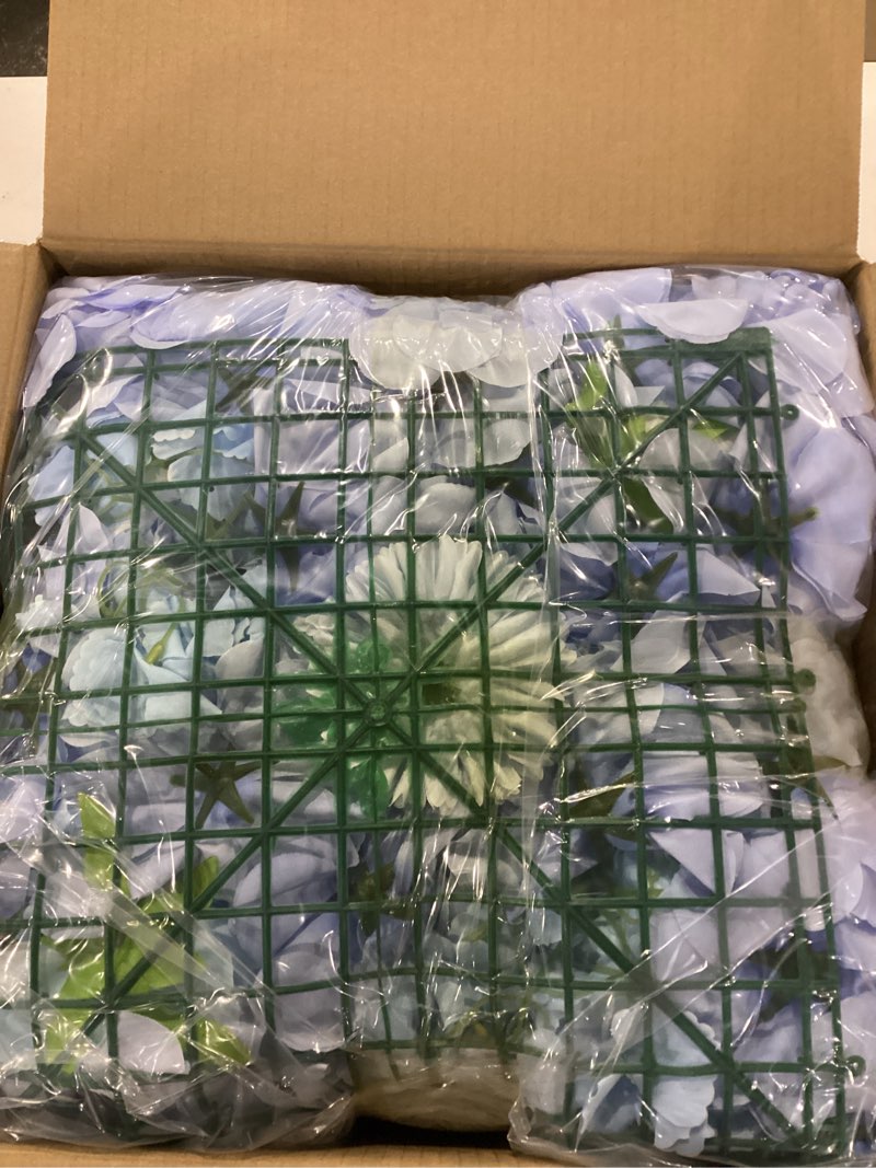 Condition photo showing New/Like New for Artificial Flower Wall Panel 15*15inches -12 Pack Silk Rose Hydrangea 3D Flower Wall Décor Backdrop for Wedding Arrangement Wall Background Party Panel Decorations UV Protected Handmade -Light Blue Light Blue-12pcs 15inch