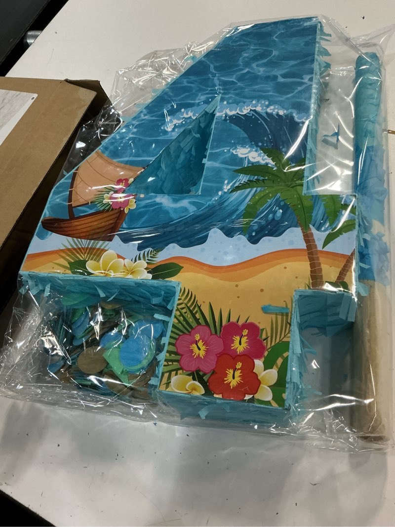 Condition photo showing New/Like New for blue sea number 4 pinata, 16 inch hawaii beach theme piñata for 4th birthday party decorations with stick, blindfold and confetti (blue sea 4 pinata)