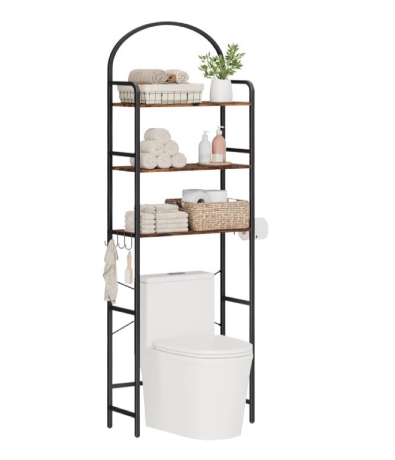 Homhedy 3-Tier Over The Toilet Storage with 4 Hooks and Paper Holder, Space Saving, Bathroom Organizer with Adjustable Feet, Metal Frame and Wooden Shelf,Rustic Brown and Black