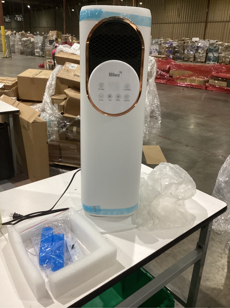 Condition photo showing As Is for hiluce 4-in-1 tower fans that blow cold air for bedroom, bladeless fan and heater combo,28 ft/s quiet swamp cooler fan with ice packs,180° oscillating,2 heating & 3 cooling speed, 9h timer