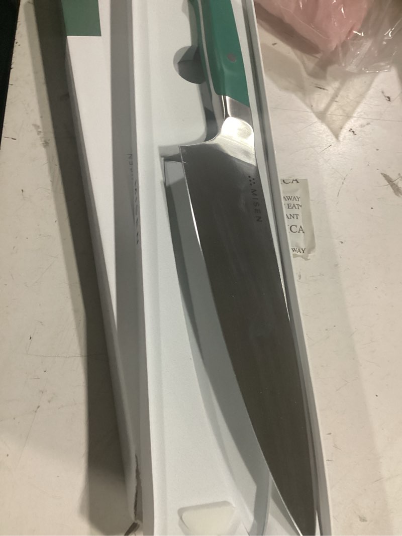 Condition photo showing Good Condition for misen 8" chef knife – high carbon japanese aus-10 stainless steel – hybrid german & japanese blade – precision kitchen knife for professionals & home cooks – ultimate cutting performance - green green 8"