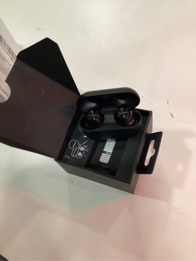 Condition photo showing New/Like New for technics reference class hi-fi wireless ear buds, dolby atmos with head tracking, adaptive noise cancelling, 3 device multipoint, 10-hr battery, wireless charging, improved fit, eah-az100-k(black)
