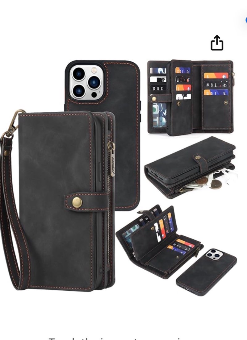 TwoHead Wallet Case Compatible with iPhone 15 Pro,Detachable Magnetic Phone Case,All-Round Shockproof Protective Leather Phone Cover with Card Holder,6.1 in,Black