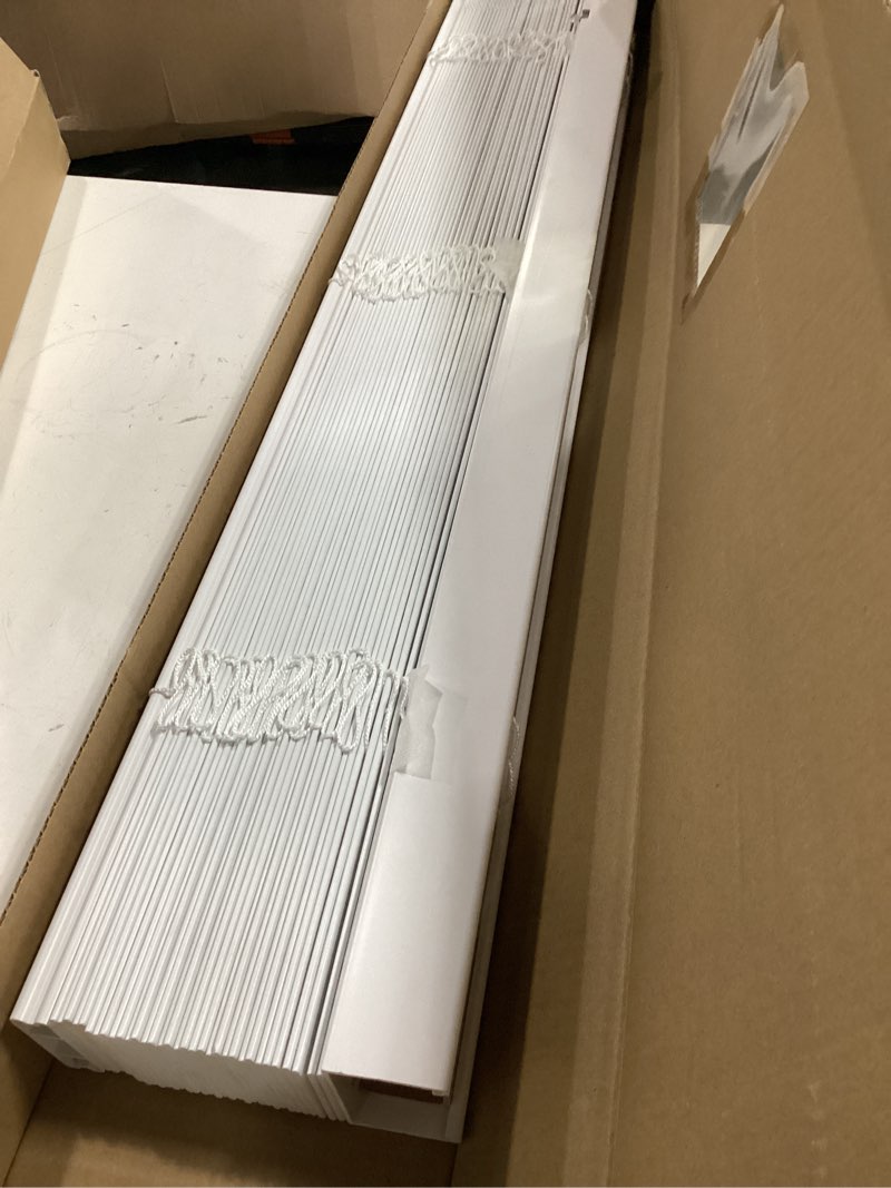 Condition photo showing As Is for allen + roth trim at home 2-in slat width 36-in x 64-in cordless white faux wood room darkening horizontal blinds