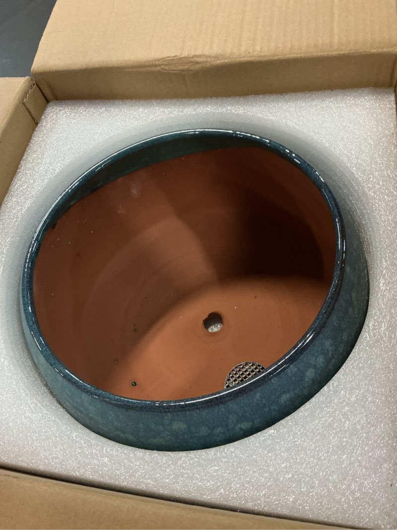 Condition photo showing New/Like New for reactive glaze peacock color 11" ceramic plant pot, large blue green planter artisan flower pot with drainage hole, breathable planter for indoor outdoor plants
