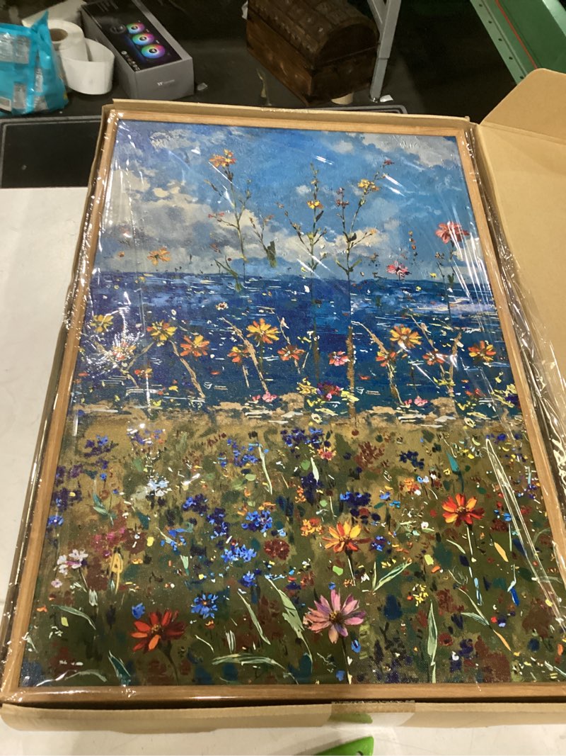 Condition photo showing New/Like New for large blue seaside wildflower framed canvas wall art,modern nature ocean wall decor,rustic sky printing,white cloud landscape artwork for living room,bedroom,dining room-20"x40"x1 seaside flowers wall art 20"x40"x1