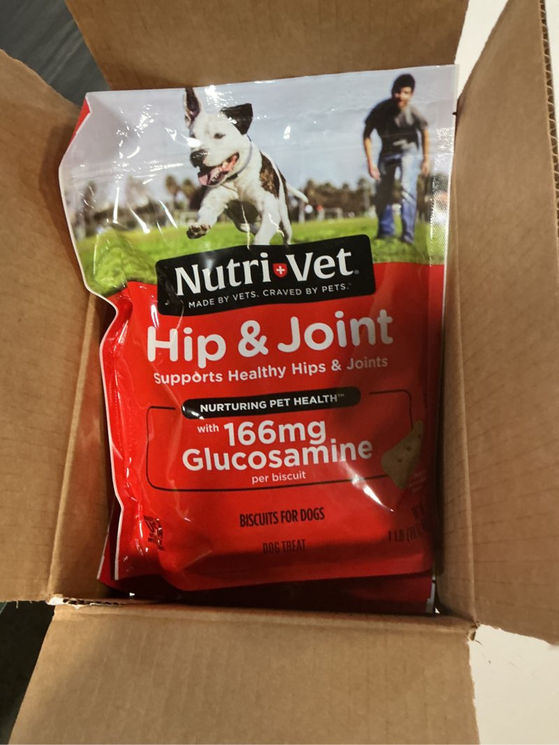 Condition photo showing Good Condition for (best by april 12 -2026)nutri-vet hip & joint biscuits, dog joint supplement, dog treat, small sized biscuit with 166mg glucosamine, puppy supplements, tasty glucosamine treat, puppy essentials, 16 oz (pack of 2) hip & joint 16 ounce (pack of 2)