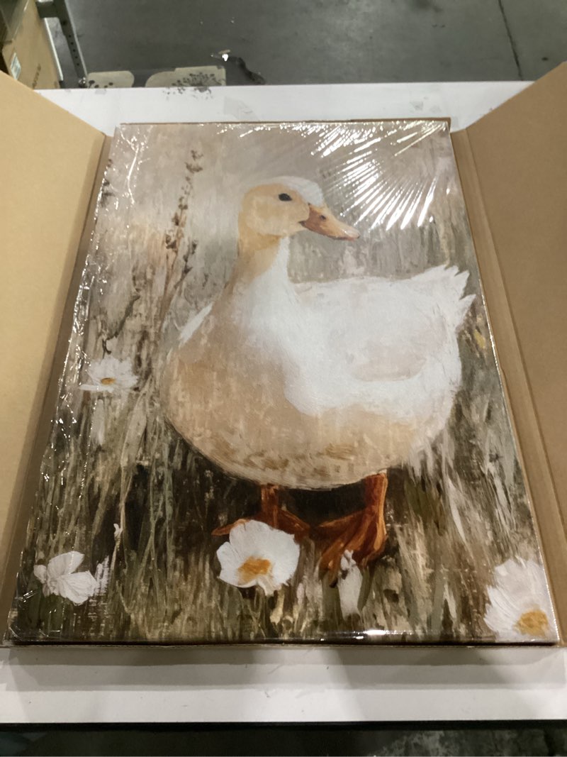 Condition photo showing Good Condition for framed vintage duck farmhouse animal oil painting wall art decor canvas print picture poster country gallery bedroom living room bathroom decor 12x16 inch ready to hang white corgi duck 16"l x 12"w