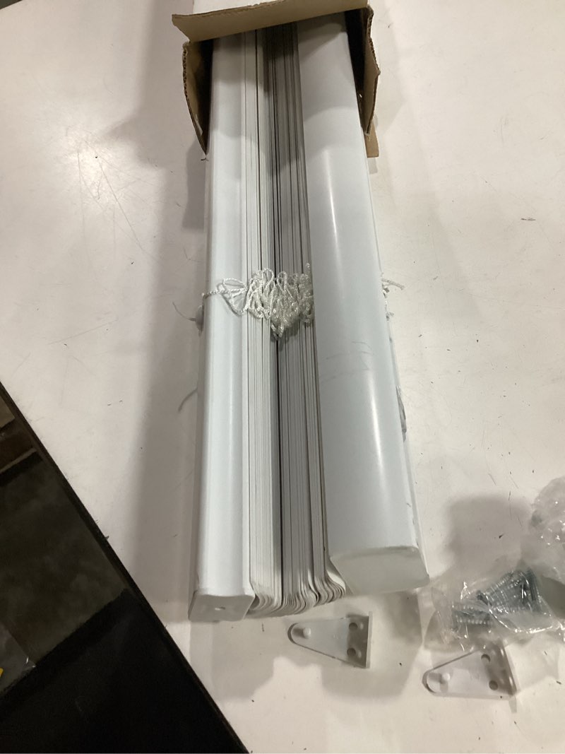 Condition photo showing As Is for project source light filtering 1-in slat width 36-in x 64-in cordless white vinyl light filtering mini-blinds