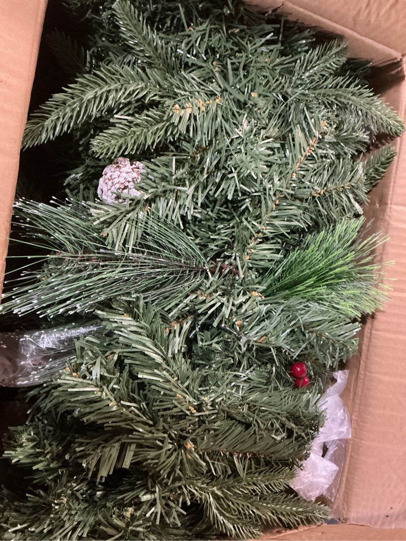 Condition photo showing Good Condition for Super Long 8 Modes & Timer 18 Ft Prelit Christmas Garland for Outdoor Indoor Stair Porch 100 Warm White Lights 470 Realistic Snowy Branch Tips Red Berries Pinecone Xmas Garland Decorations Door Mantle
