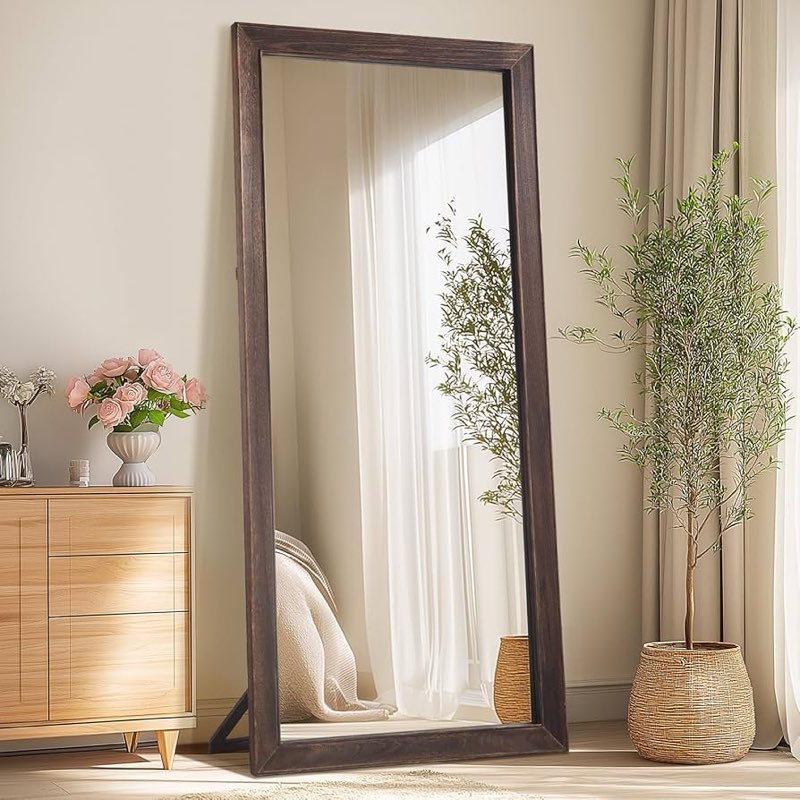 Rustic Farmhouse Full Length Mirror, 71"x32" Wood Frame Floor Mirror, Free Standing or Leaning Wall, Full Body for Bedroom Living Room Cloakroom, Brown
