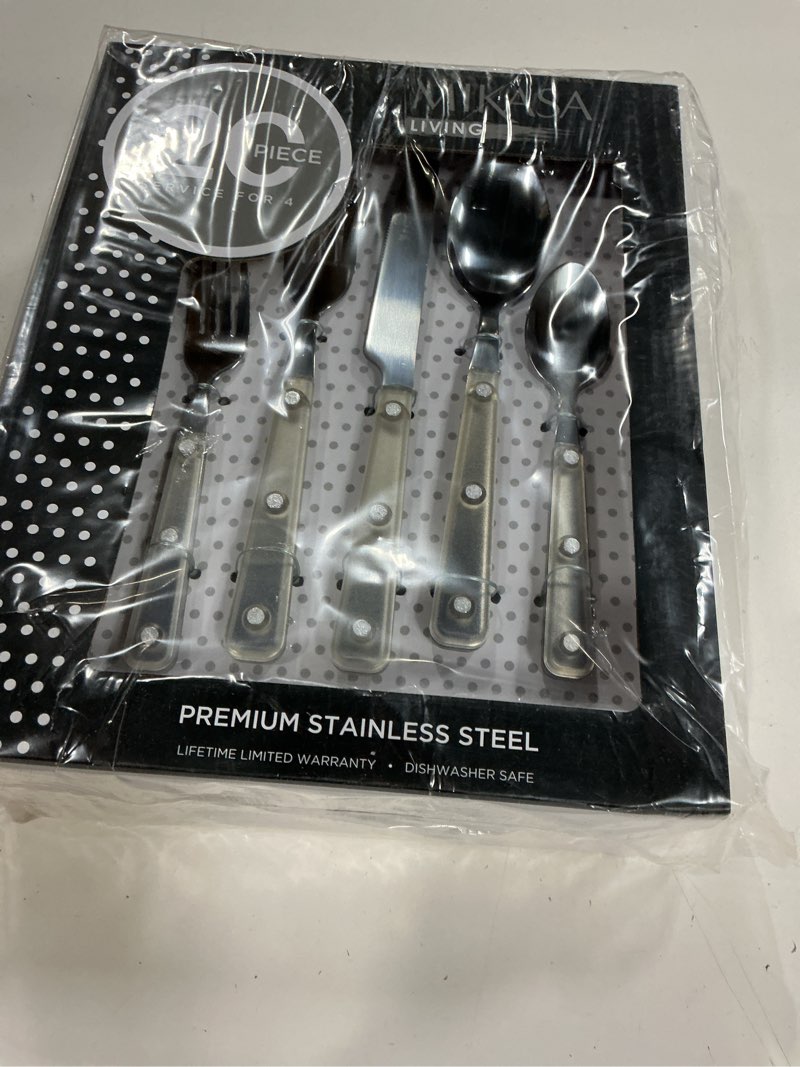 Condition photo showing New/Like New for mikasa living clear translucent 18/0 stainless steel 20-piece flatware set, service for 4, clear