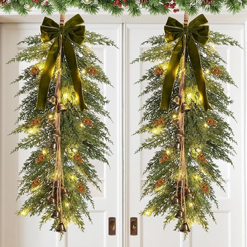 Hungdao 2 Pack 36" Large Christmas Teardrop Swag with Lights Velvet Bell Bow and Faux Pine Cones Rustic Christmas Artificial Greenery Cedar Swag Wreath for Xmas Farmhouse Home Wall Decor(Green)