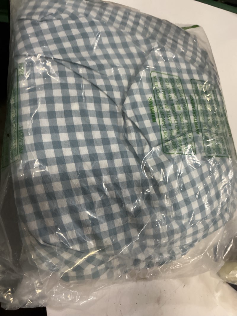 Condition photo showing As Is for dusty blue gingham ruffle duvet cover queen size 3 piece cotton blue plaid comforter cover, ruffled shabby chic checkered bedding set with zipper closure & corner ties(comforter not included) dusty blue plaid queen (u.s. standard)