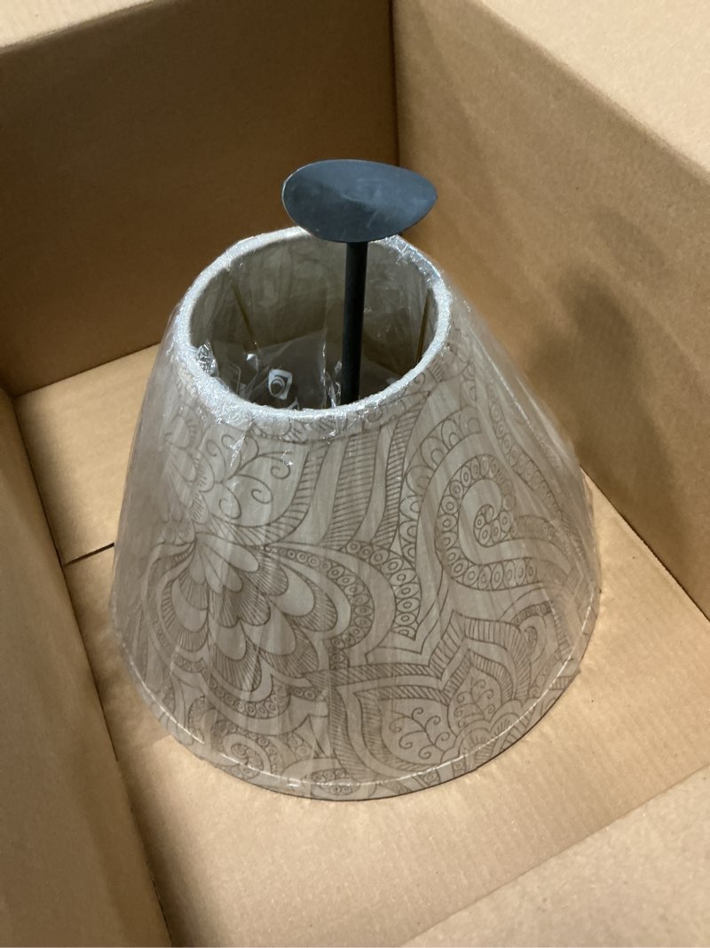 Condition photo showing As Is for aspen creative 58941, empire uno lamp shade, cream floral pattern, 5" top x 13" bottom x 9.5" slant height, slip uno 33mm