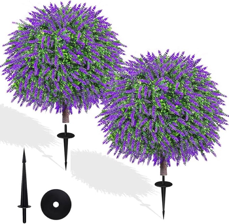 Lunmon 2 Pack 24\" Artificial Topiary Ball Plants Trees with Flowers, Outdoor Fake Topiary Plants with Ground Spike, UV Resistant Faux Bushes for Indoor Outdoor Front Door Decor(Pink Lavender) Pink Lavender