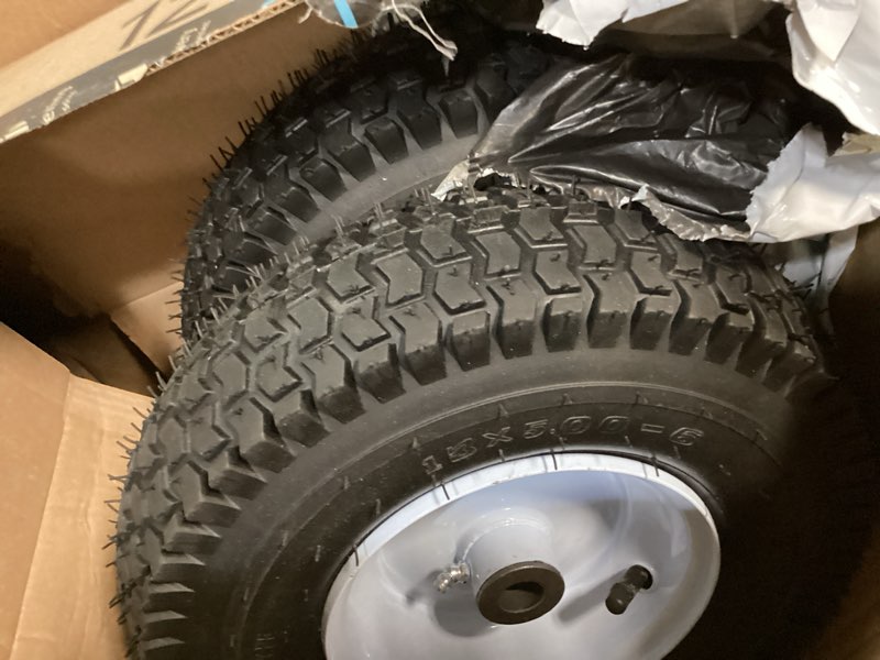 Condition photo showing Good Condition for 2 pcs 13x5.00-6 lawn mower pneumatic tire and wheel, 13x5.00-6 front riding mowers tire with 3/4" 5/8" bushings, 3" -4.5" centered hub, 13x5-6 tube with tr13 valve stem, 375 lbs with rim pneumatic tire