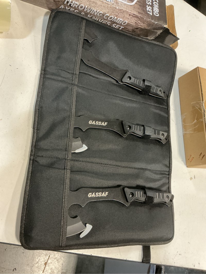 Condition photo showing New/Like New for gassaf throwing axe knife set stainless steel throwing tomahawk axe and stainless steel well-balanced throwing knife? protective nylon sheath for recreation and competition?3 packs?