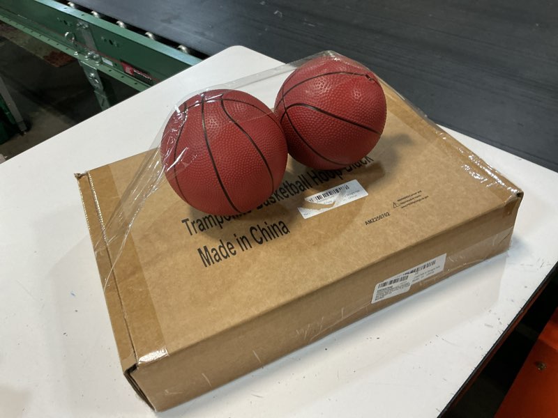 Condition photo showing As Is for trampoline basketball hoop, lightweight universal board with 2 pcs mini basketball and pump, easy to assemble fit for curved pole or straight pole