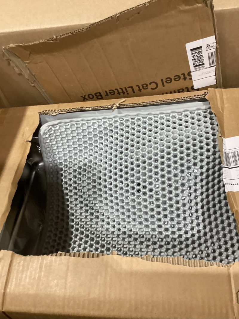 Condition photo showing As Is for stainless steel litter box | xl enclosed cat litter boxes with lid for big cats | high sided, anti-urine leakage | non-stick bottom & includes litter mat & metal scoop