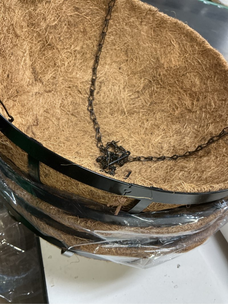 Condition photo showing Good Condition for black flat iron metal hanging planter basket with coco coir liner(4 pack, 14 inch) hanging planters for outdoor plants round plant flower pots hanging flower basket for outdoor patio garden decoration 4 14 inch