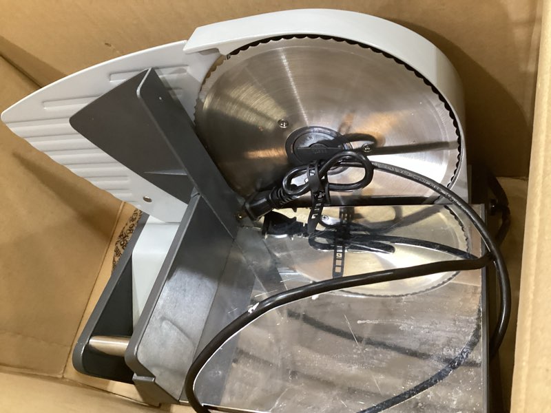 Condition photo showing As Is for cuisinart kitchen pro food slicer, meat slicer with slice control knob adjusts from 1/32" to 1/2" to slice bread, roasts, and firm cheeses, removable 7.5" stainless steel cutting blade, fs-75, gray