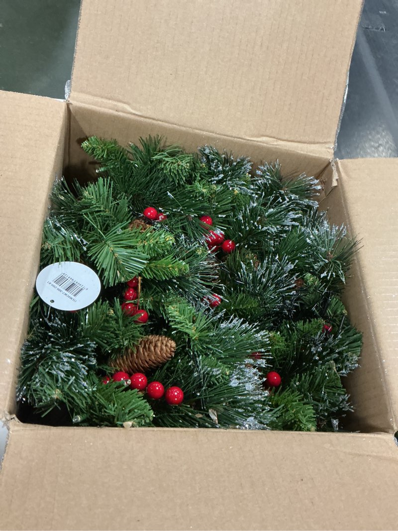 Condition photo showing Good Condition for National Tree Company Pre-Lit Artificial Christmas Hanging Basket, Crestwood Spruce, Decorated With Frosted Pine Cones, Berry Clusters, White Lights, Christmas Collection, 16 Inches