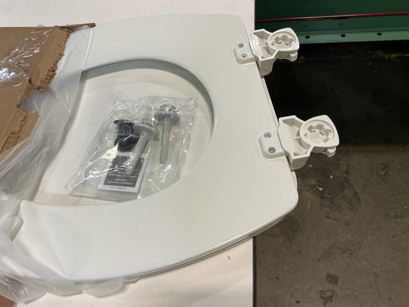 Condition photo showing Good Condition for church toilet seat, easy clean hinges release for deep cleans, durable enameled wood seat, elongated, white