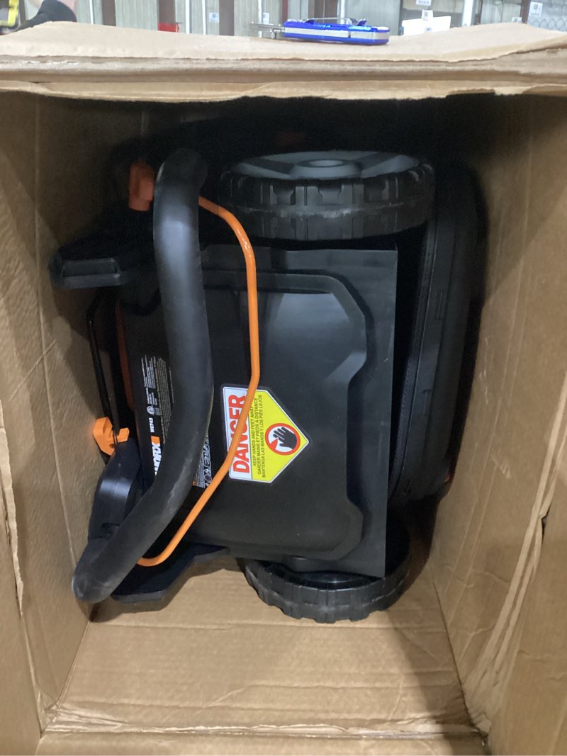 Condition photo showing As Is for WORX 17" Cordless Lawn Mower, 2 in 1 Electric Mower Cuts Quietly, Compact & Lightweight Push Lawn Mower with 7-Position Height Adjustment for Small Yards, 2 Batteries & Charger Included, WG743 17" 40V Mower w/(2) 4.0Ah Batteries