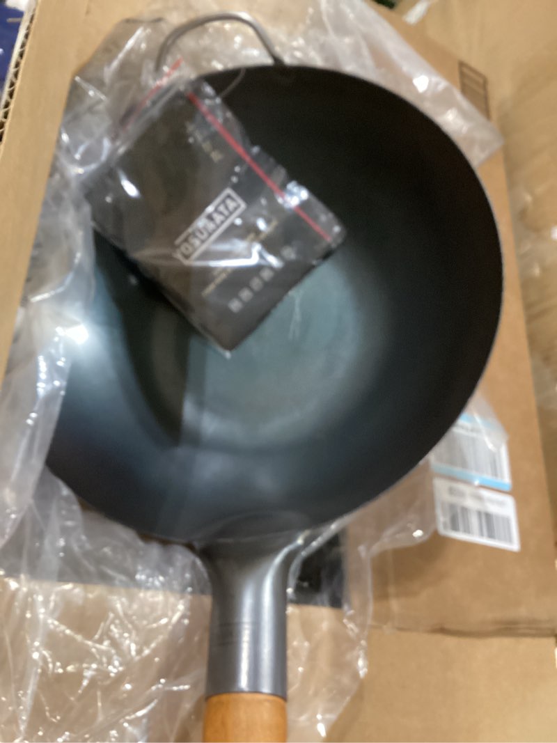 Condition photo showing As Is for yosukata 11.8" carbon steel wok pan – pre-seasoned flat bottom pow wok for stir fry, bbq, grill & camping – traditional japanese chinese cookware – compatible with induction, electric, gas, open fire