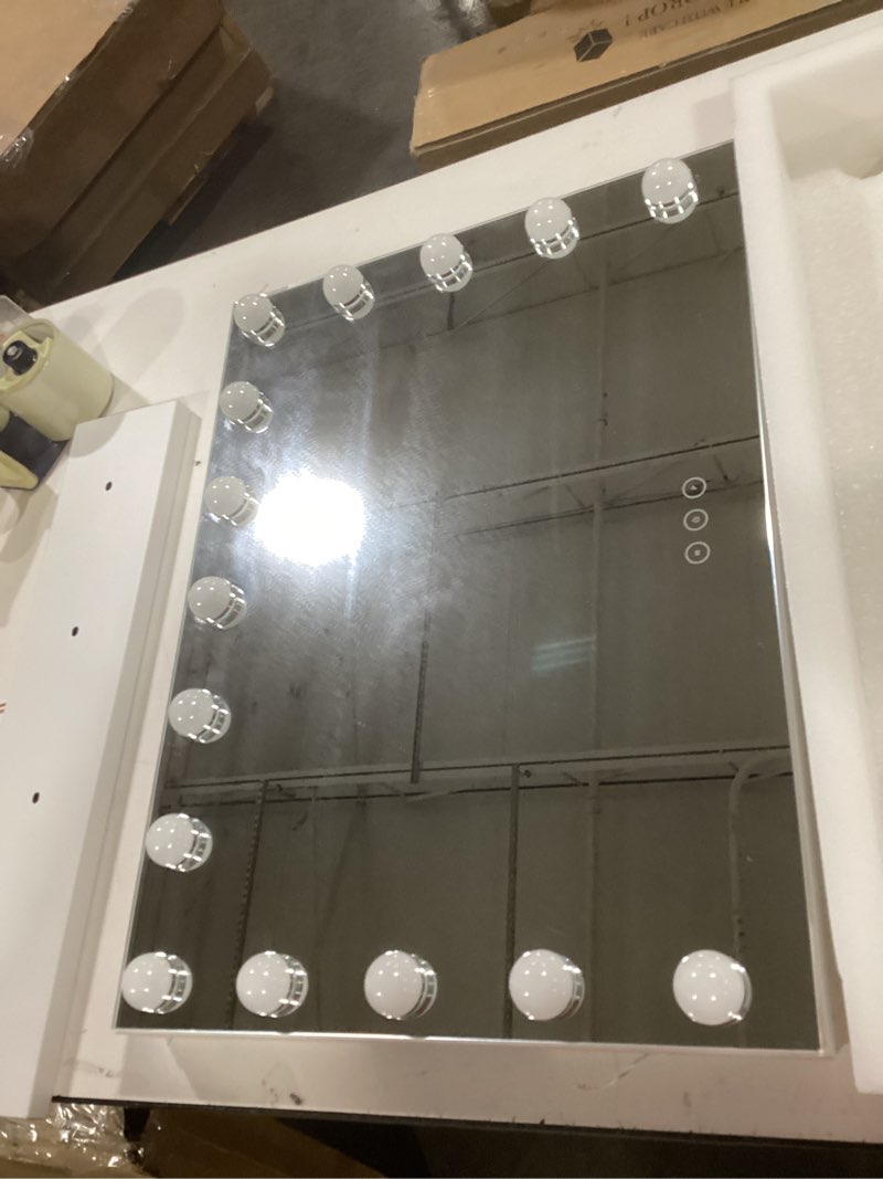 Condition photo showing As Is for Vanity Mirror with Lights Lighted Makeup Mirror with 15 Dimmable LED Bulbs,3 Color Lighting Modes,USB Charging Port Touch Control,Sturdy Metal Frame Design 24x18 Inch,White White 22.8"L x 18"W
