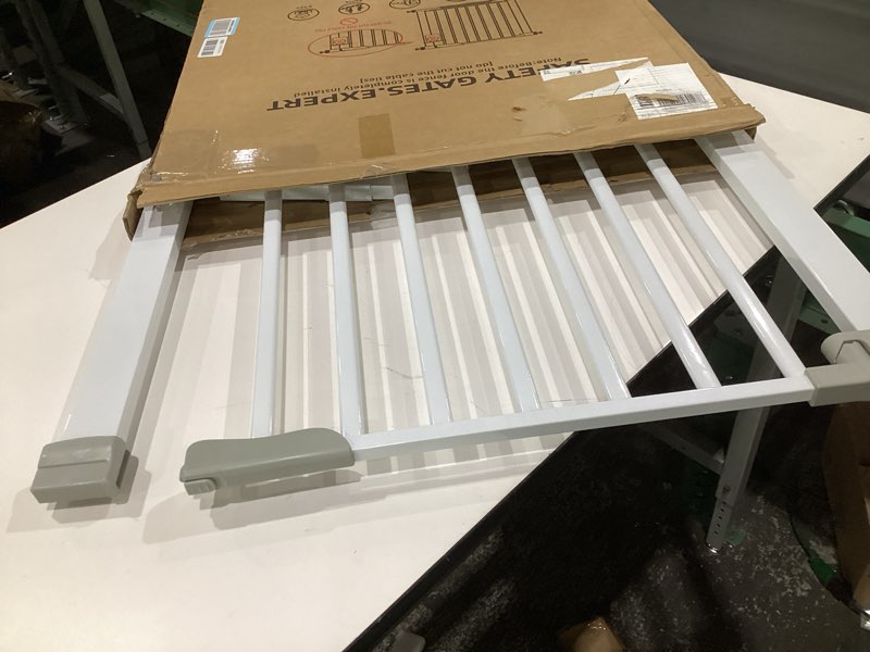 Condition photo showing As Is for (DAMAGED) 41 Inch Tall Baby Gate Auto Close Dog Gate Adjustable 29.92\"-43.71\" Wide Pressure Mounted Walk Through Swing Pet Gate for Doorways (White, 29.92\"-43.71\" Wide) White 29.92\"-43.71\" Wide