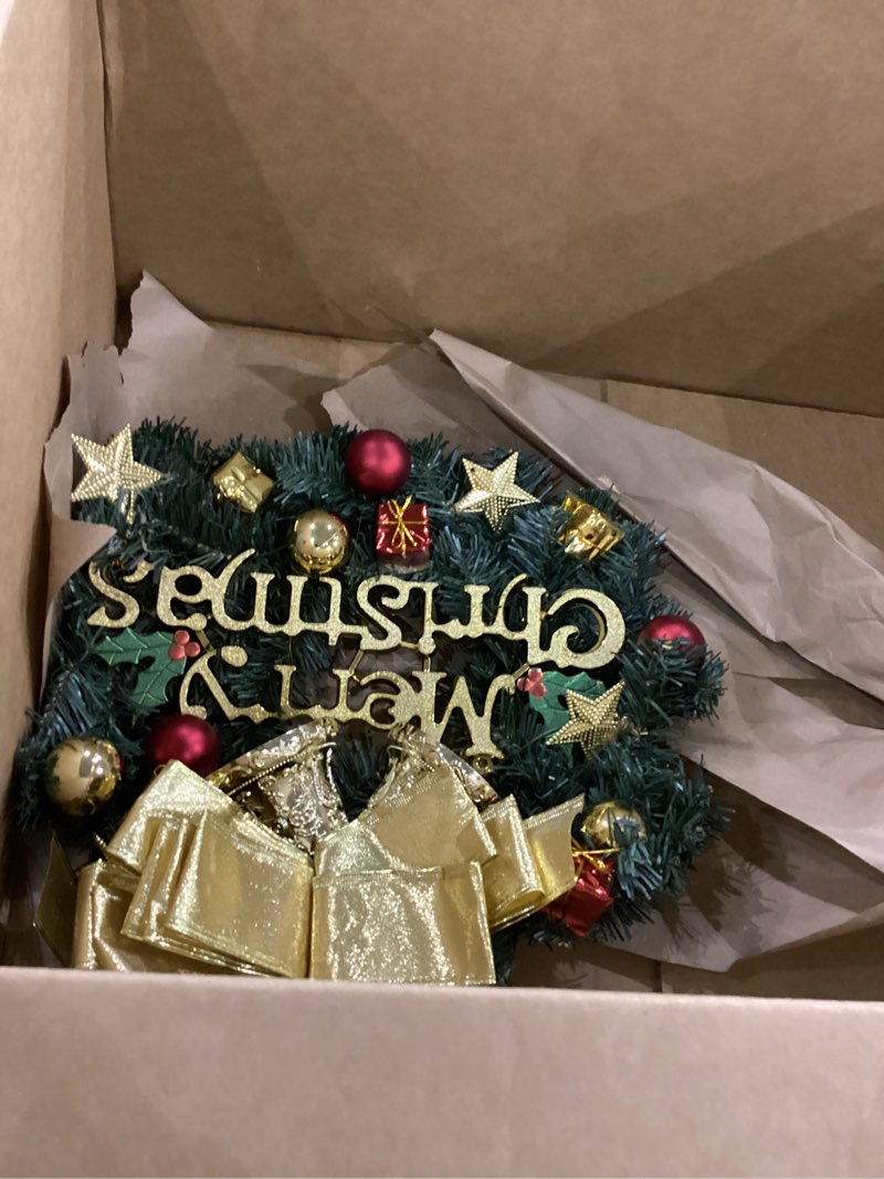 Condition photo showing Good Condition for Christmas Wreaths for Front Door, Pre-Lit Artificial Christmas Wreath Decorated with Pine Branches, Golden Bells, Christmas Balls, and Gift Decorations for Front Door Wall Windows, 16 Inches Golden Bells,16 Inches