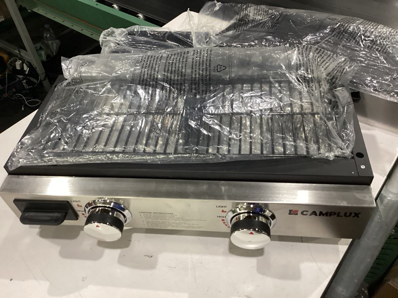 Condition photo showing New/Like New for camplux propane tabletop grill griddle 2-in-1, non-stick flat top griddle with ceramic coated 19,000 btu, 23-inch gas grill for rv, camping, tailgating, and outdoor gg302s griddle/grill-2 burners