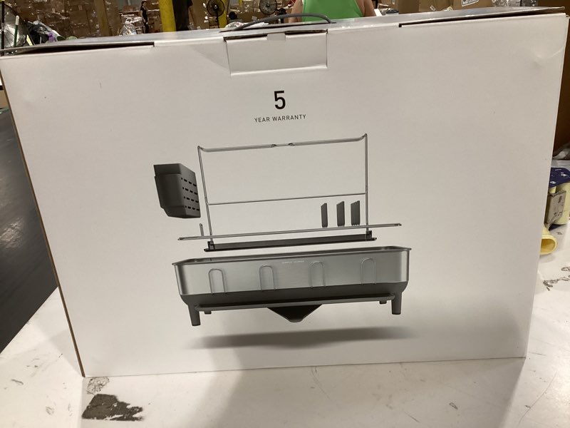 Condition photo showing As Is for simplehuman steel frame dishrack, large capacity dish drying rack, 360º easy drain swivel spout, utensil & wine glass holder, anti-residue coating, moisture control surface, brushed stainless steel gray full-size (20'' x 22.3'' x 11.5'')