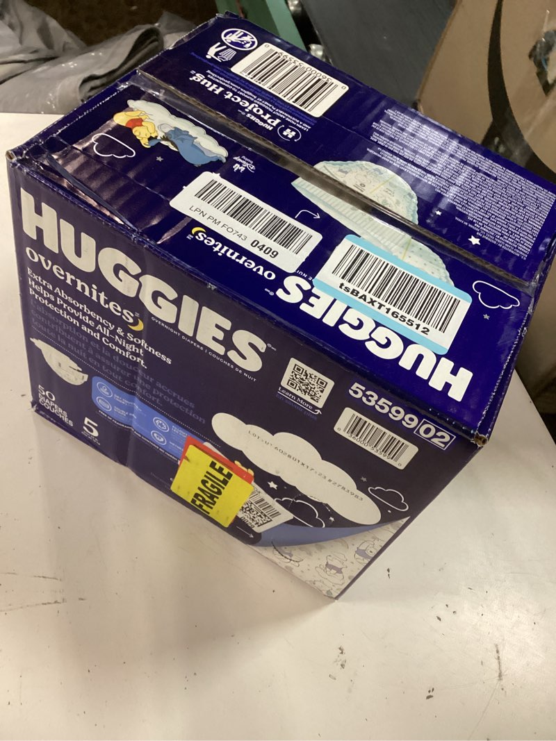Condition photo showing New/Like New for huggies overnites size 5 overnight diapers (27+ lbs), 50 ct, packaging may vary size 5 50