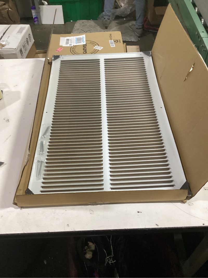 Condition photo showing As Is for Fits 14x24 Duct Opening Stamped Steel Return Air Grille Vent Cover Grille for Sidewall and Ceiling in White Surface Dimensions: 15.75"W X 25.75"H (14" W x 24" H Duct Opening)