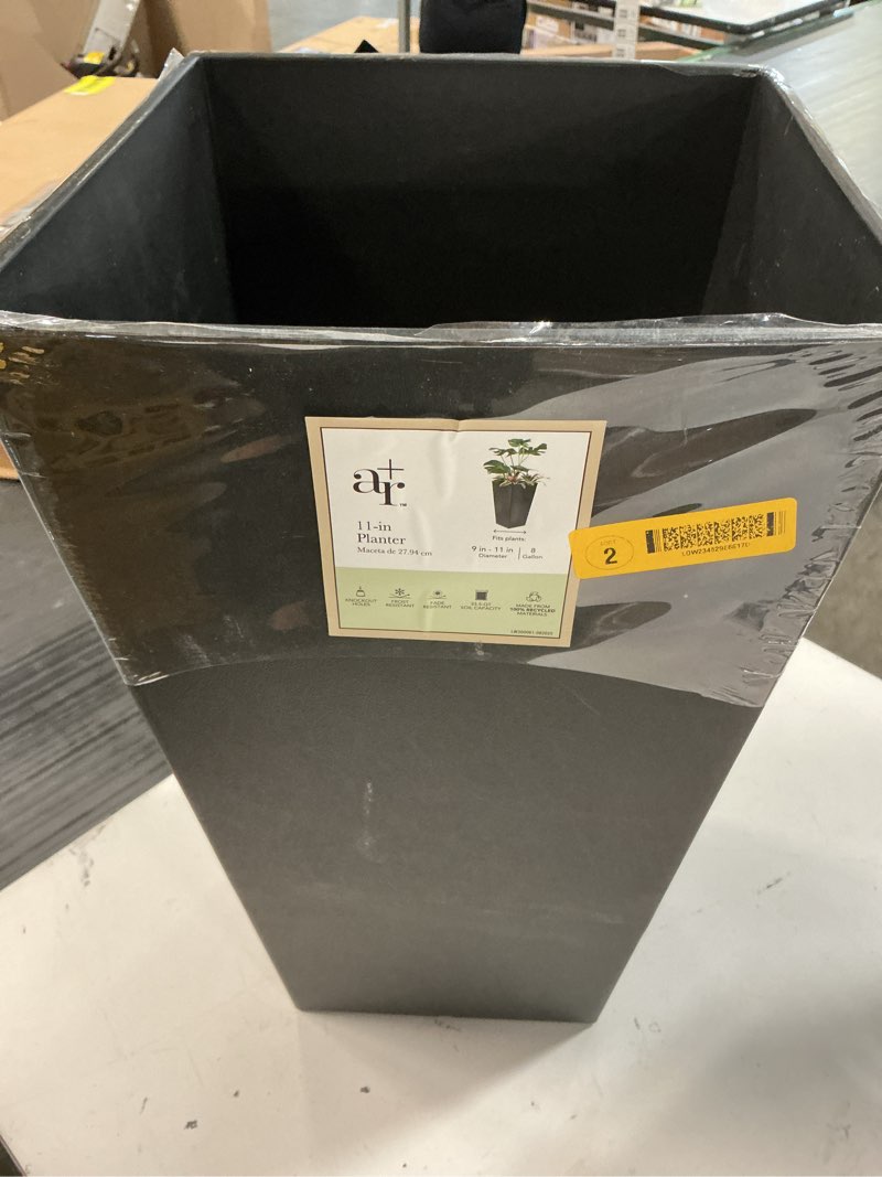 Condition photo showing Good Condition for allen + roth square 11.3-in w x 11.3-in l x 20.87-in h black recycled plastic indoor/outdoor planter