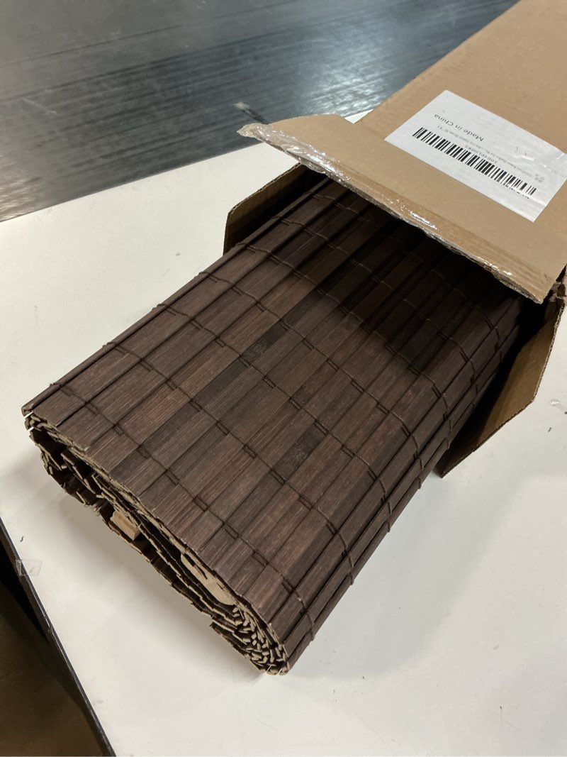 Condition photo showing As Is for 36''w x 72''h cordless bamboo roman shades for interior windows, roll up bamboo blinds with valance, light filtering, easy to install, coffee color brown 36"w x 72"h