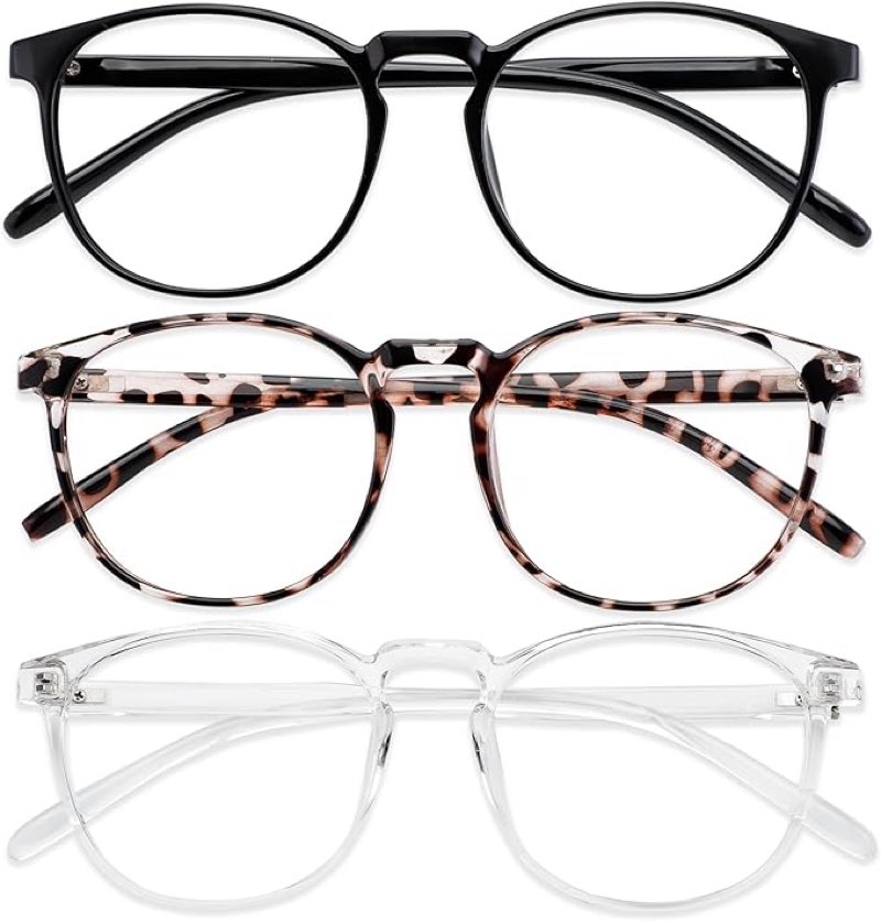 Przene 3 Pack Blue Light Blocking Glasses Women/Men,Retro Round Computer Glasses Anti Eye Strain/UV/Glare, Gaming Glasses. (Black/Crystal/Transparent Amber)