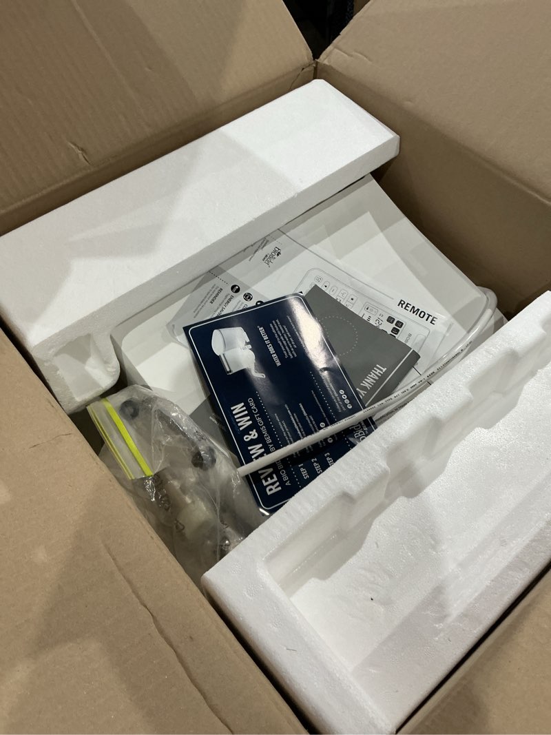 Condition photo showing As Is for bio bidet bb2000 bliss electric bidet toilet seat, warm water with air dryer, heated seat with sensor and slow close lid, night light, remote control, elongated, white elongated white