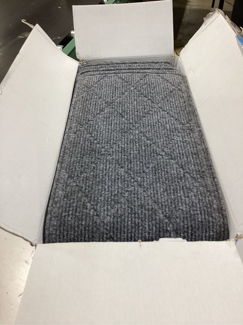Condition photo showing Good Condition for kooteta stair treads for wooden steps indoor, 15 pack 8" x 30" non slip carpet stair treads with reusable adhesive for kids elders and dogs, surface polyester tpr backing stair runner rugs, dark grey 8" x 30" dark grey 15