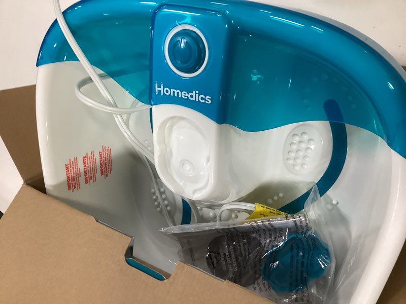 Condition photo showing Good Condition for homedics bubble mate foot spa, toe touch controlled foot bath with invigorating bubbles and splash proof, raised massage nodes and removable pumice stone