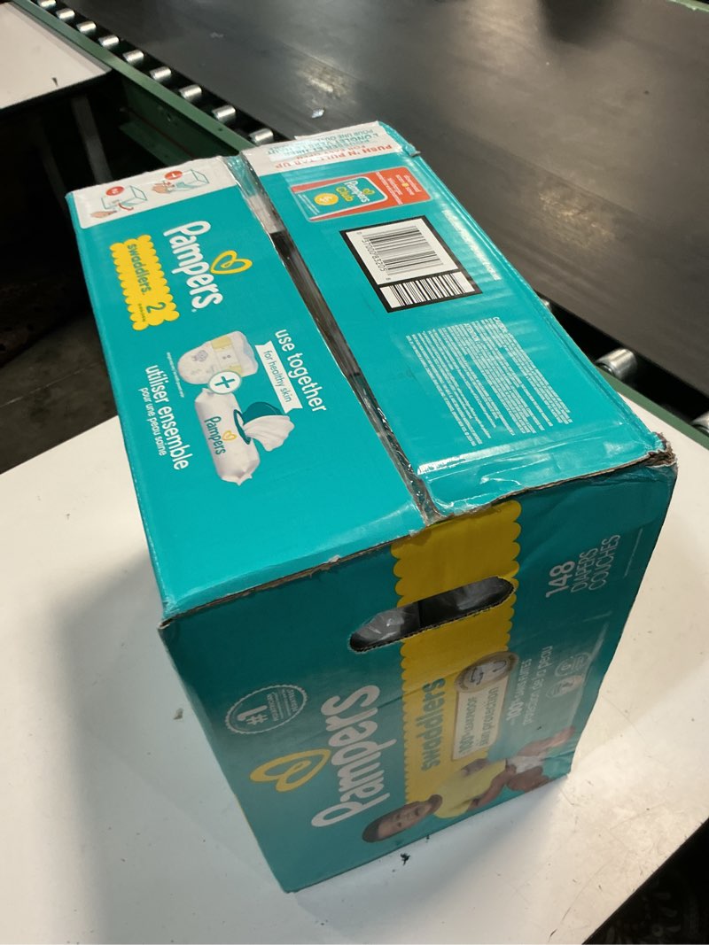 Condition photo showing New/Like New for pampers swaddlers diapers, size 2 (10-22 lbs), 148 count, absorbent, keeps baby dry and comfortable, skin safe disposable baby diaper size 2 148