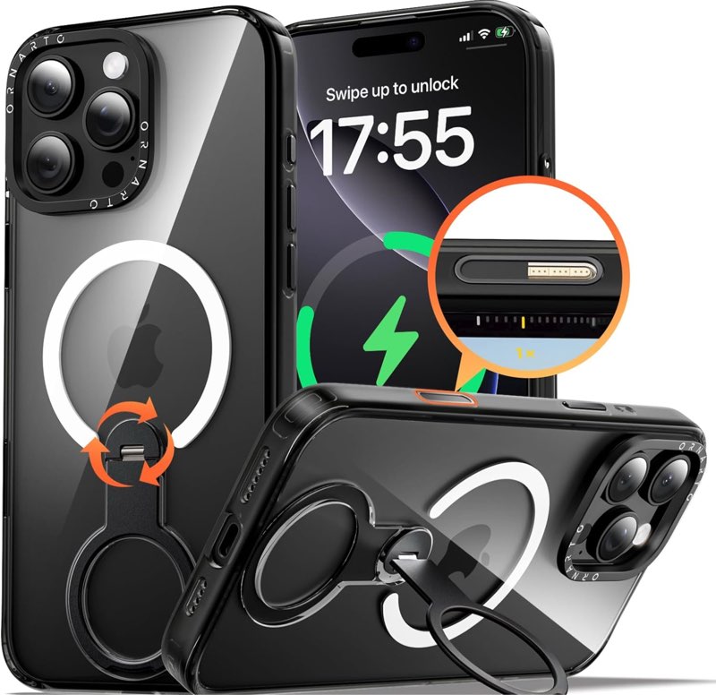 ornarto loop360 for iphone 16 pro max case, compatible with magsafe and camera control, high-transparency phone cover with 360° rotating stand, military-grade protection, black black only for iphone 16 pro max