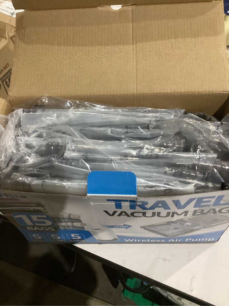 Condition photo showing As Is for 15 Packs Vacuum Bags for Travel with Rechargeable Pump, 3 Sizes Vacuum Seal Bags for Clothing, Compression Vacuum Travel Bags for Luggage, Vacuum Packing Bags for Closet Organization