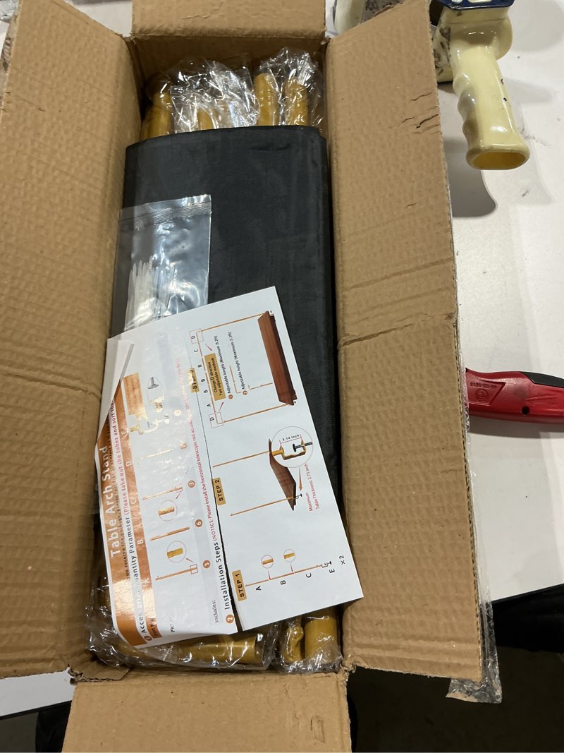 Condition photo showing Good Condition for over the table rod stand with clamps adjustable 31"-110'' length 31"-64" height gold table balloon arch stand with storage bag, metal decorating rod hanging